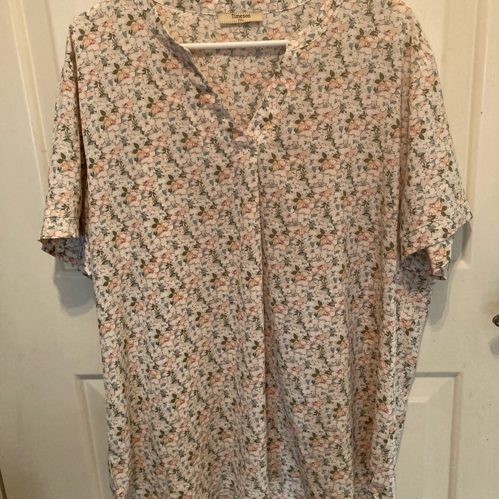 Cream and Orange Floral Blouse with Short Sleeves